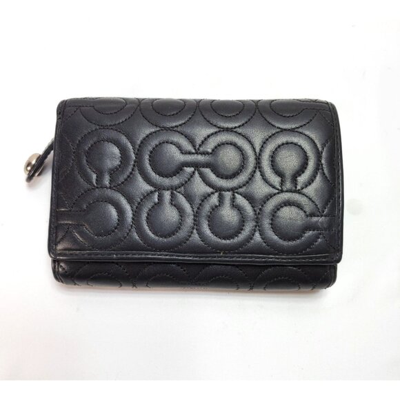 Coach Handbags - Coach Monogram Embossed Black Wallet Pink Interior Logo Tri Fold